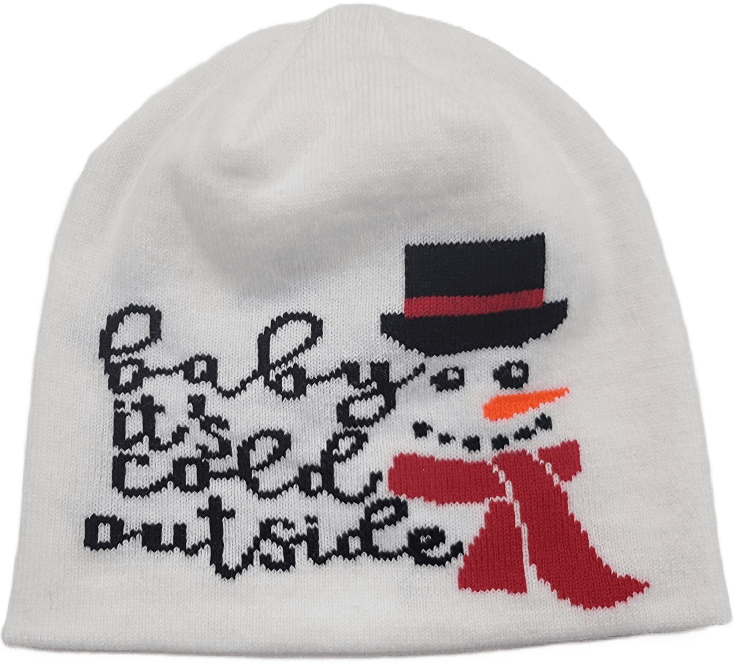 Limited Edition Holiday Hats – Festive Acrylic Beanies featuring a snowman design with 'Baby It's Cold Outside' text.