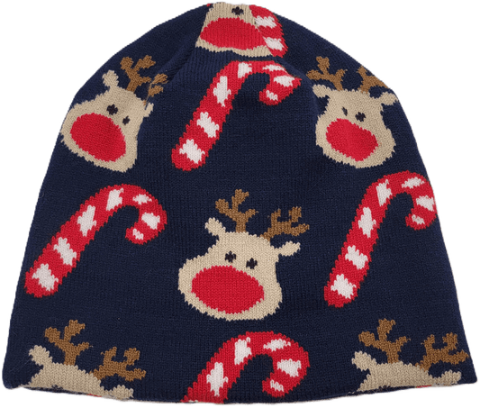 Limited Edition Holiday Hats – Festive Acrylic Beanies featuring reindeer and candy cane designs.