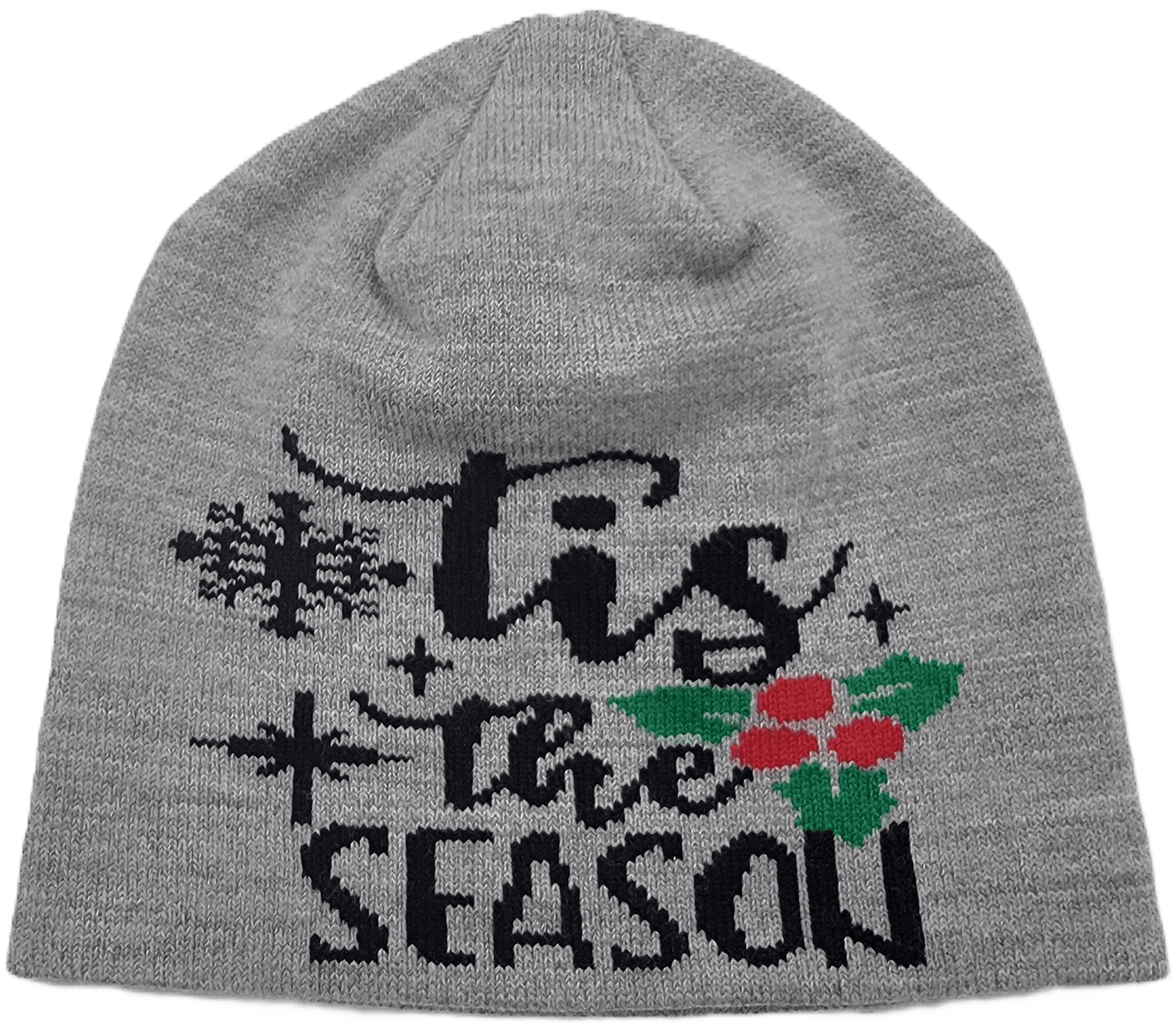 Limited Edition Holiday Hats – Festive Acrylic Beanies featuring a grey beanie with 'Tis the Season' design.