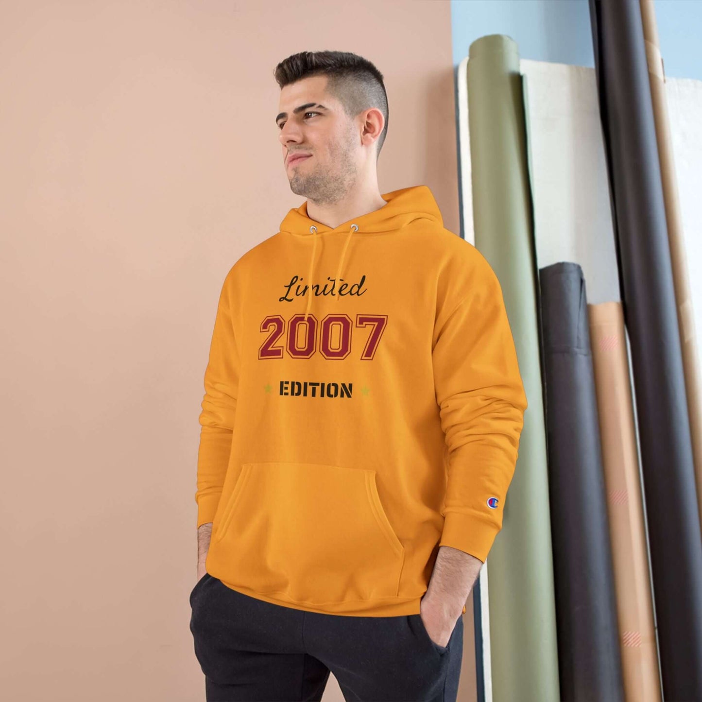 Limited Edition Year Hoodie – Champion Comfort, Collegiate Colors in vibrant yellow featuring the year 2007.