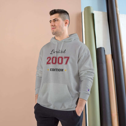 Limited Edition Year Hoodie – Champion Comfort, Collegiate Colors worn by a model in gray, featuring 2007 design.