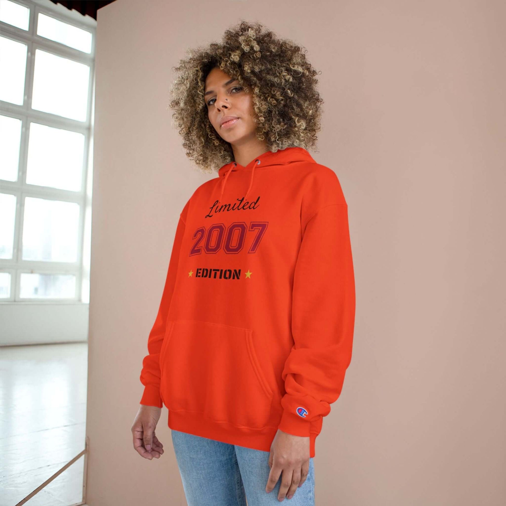 Limited Edition Year Hoodie – Champion Comfort, Collegiate Colors in bright orange, featuring 2007 design.