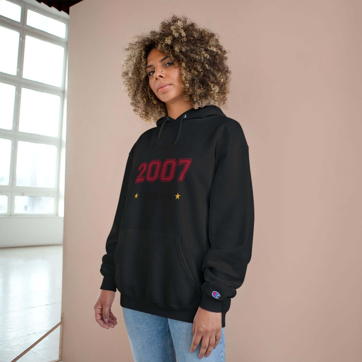 Limited Edition Year Hoodie – Champion Comfort, Collegiate Colors in black with 2007 design, stylish and cozy.