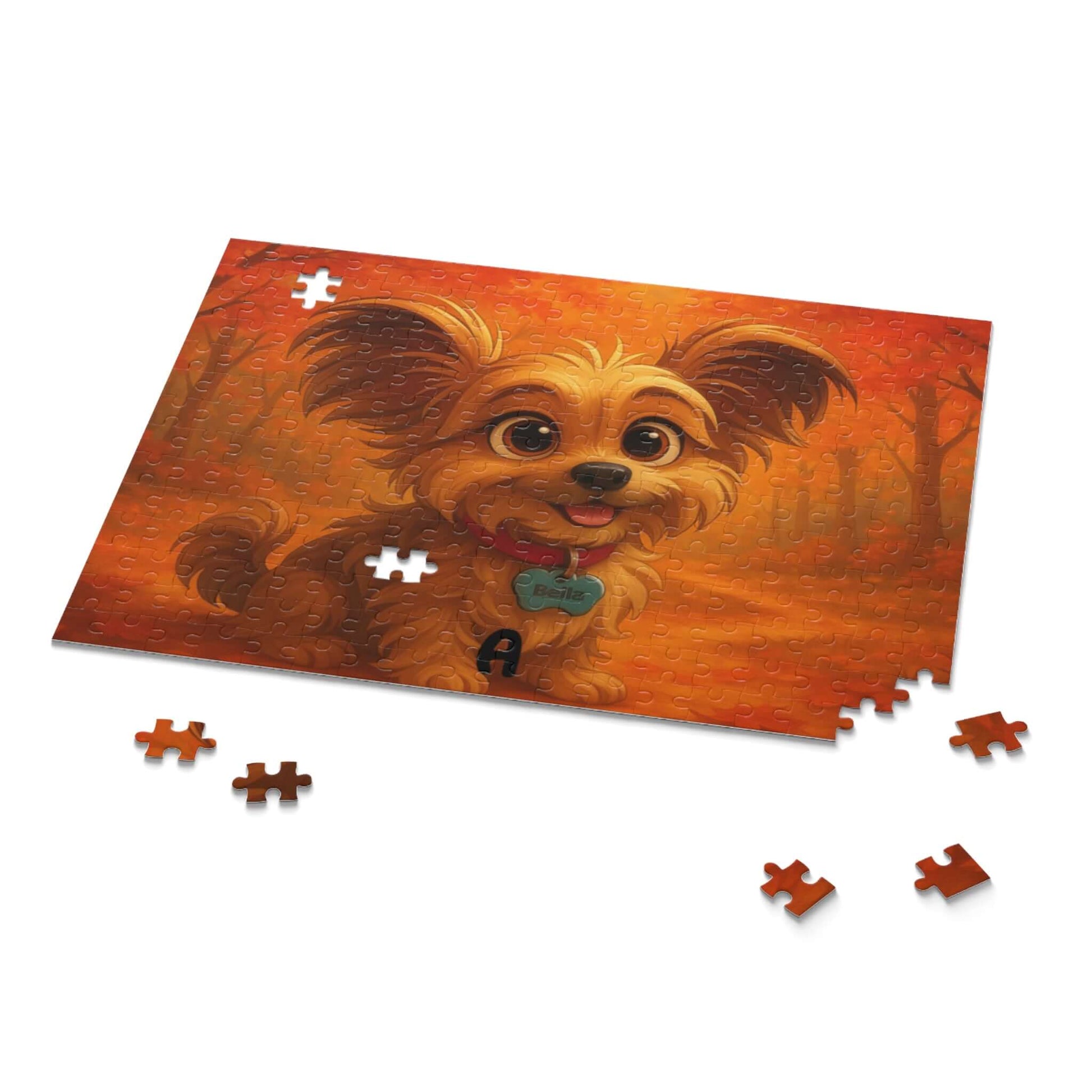 Magical Autumn Cartoon Puzzle – Personalized Pet & Family Keepsake featuring a cute dog in an autumn forest.