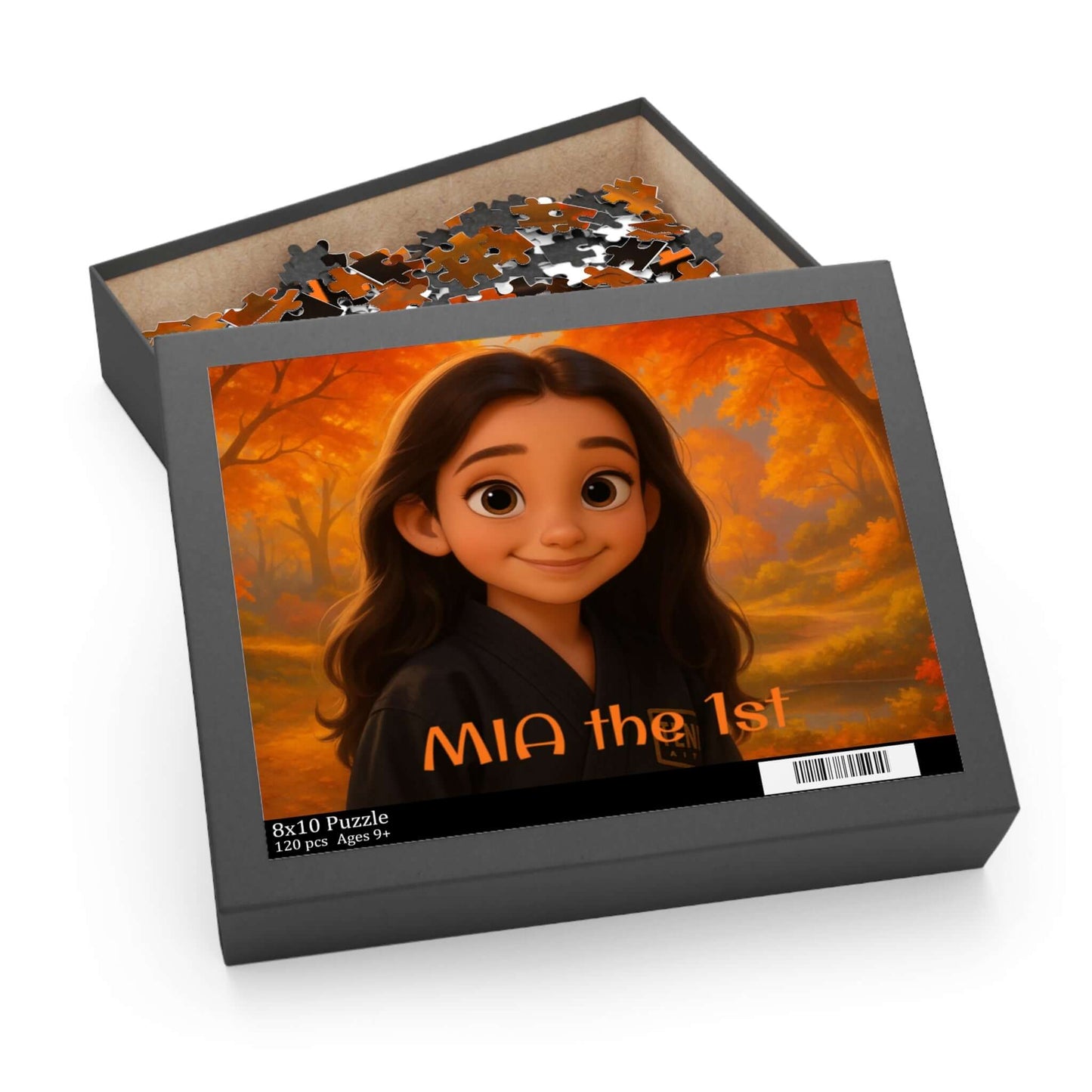 Magical Autumn Cartoon Puzzle – Personalized Pet & Family Keepsake featuring Mia in a colorful autumn scene.