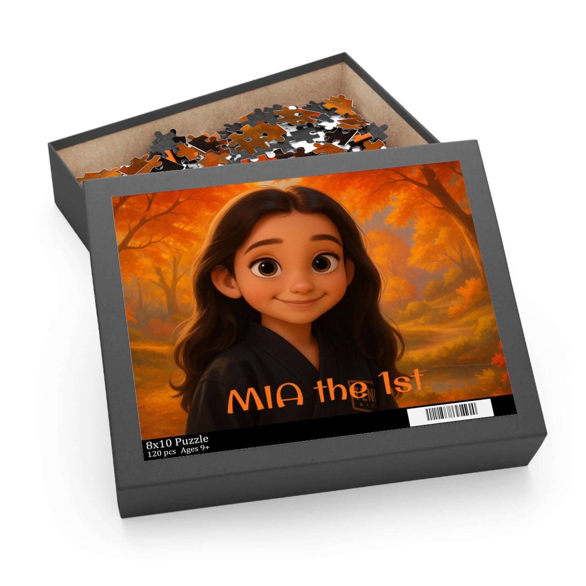 Magical Autumn Cartoon Puzzle – Personalized Pet & Family Keepsake featuring Mia in a colorful autumn scene.