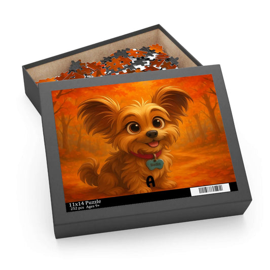Magical Autumn Cartoon Puzzle – Personalized Pet & Family Keepsake featuring a cute cartoon dog in fall colors.