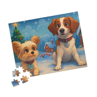 Magical Christmas Puzzle – Custom Cartoon from Your Photo featuring two adorable cartoon dogs in a winter scene