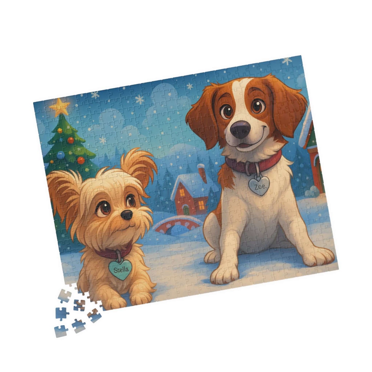 Magical Christmas Puzzle – Custom Cartoon from Your Photo featuring adorable cartoon dogs in a snowy scene.