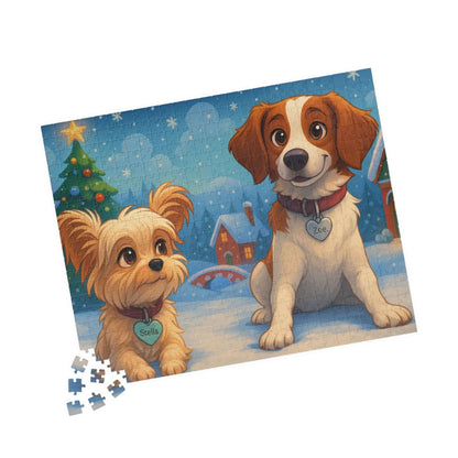 Magical Christmas Puzzle – Custom Cartoon from Your Photo featuring adorable cartoon dogs in a snowy scene.