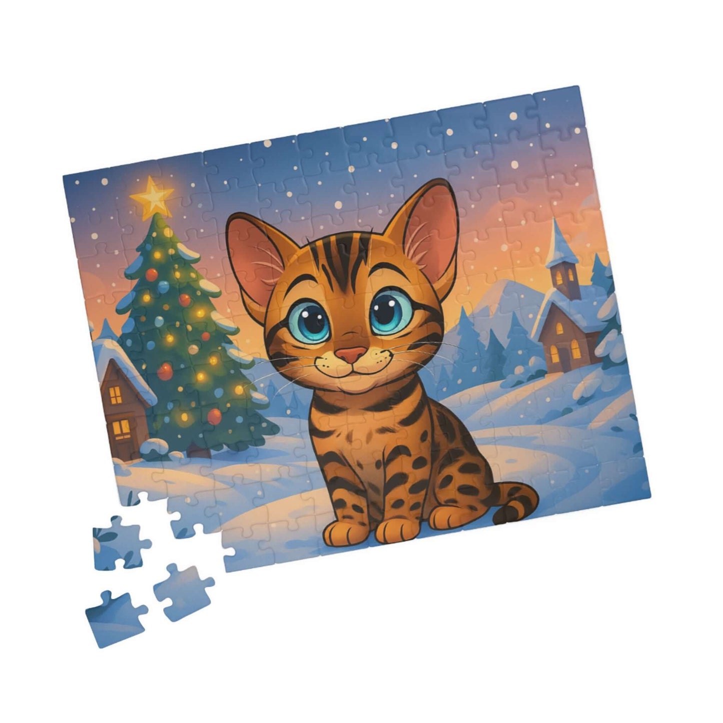 Magical Christmas Puzzle – Custom Cartoon from Your Photo featuring a cat beside a Christmas tree in a snowy landscape.