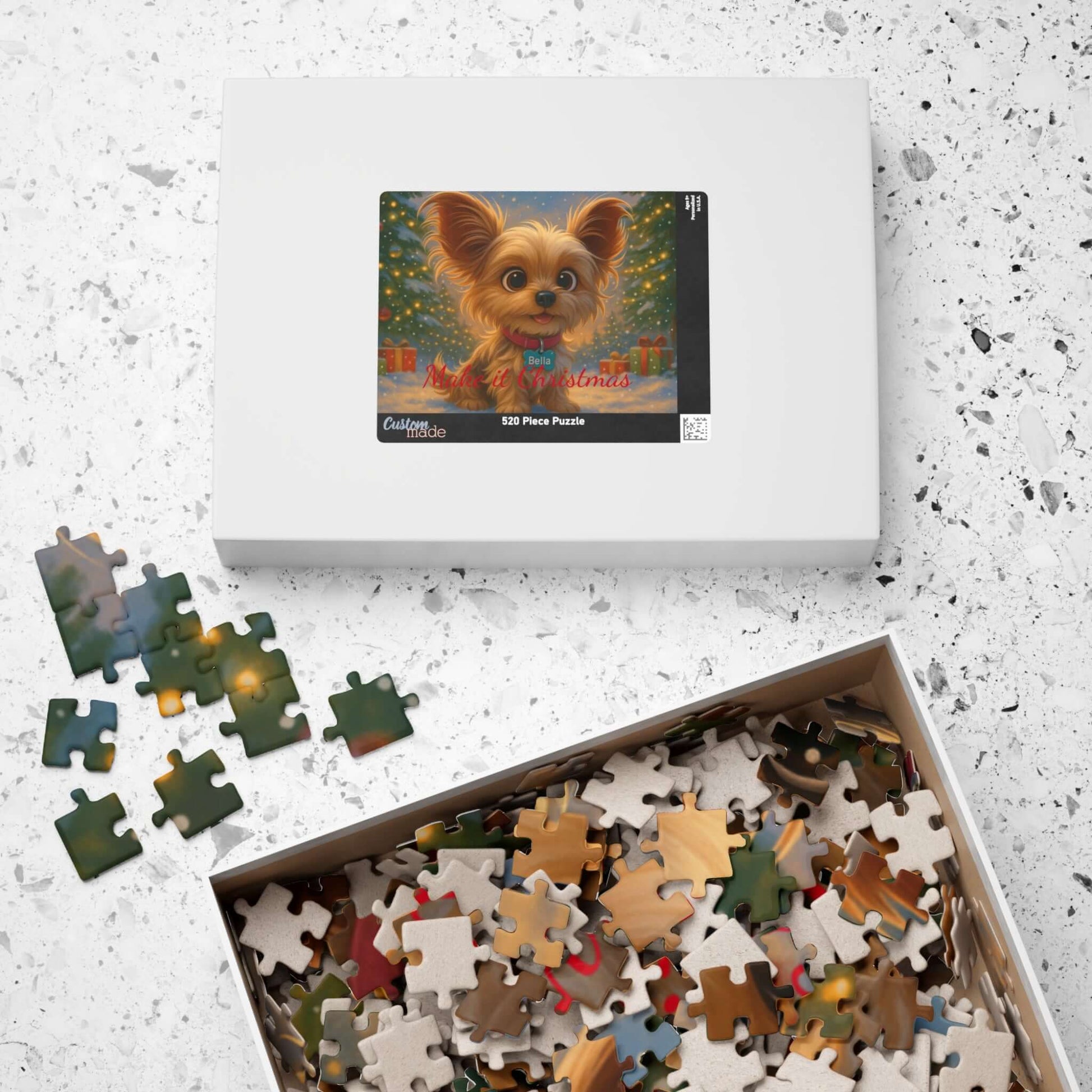 Magical Christmas Puzzle – Custom Cartoon from Your Photo with colorful puzzle pieces and festive packaging.