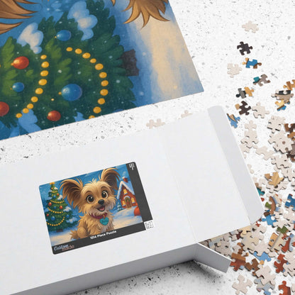 Magical Christmas Puzzle – Custom Cartoon from Your Photo, featuring a cheerful dog and festive puzzle pieces.