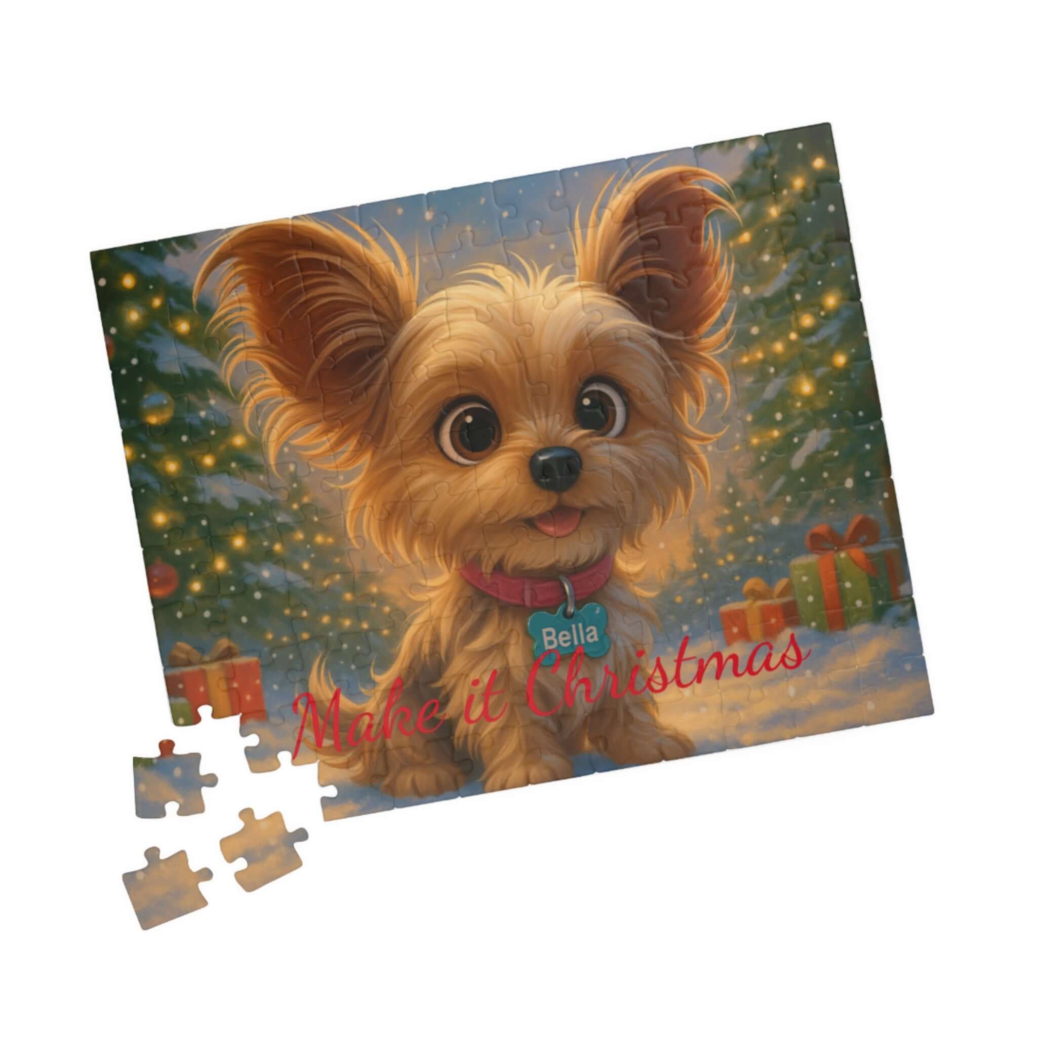 Magical Christmas Puzzle – Custom Cartoon from Your Photo featuring a cute dog with festive decorations.