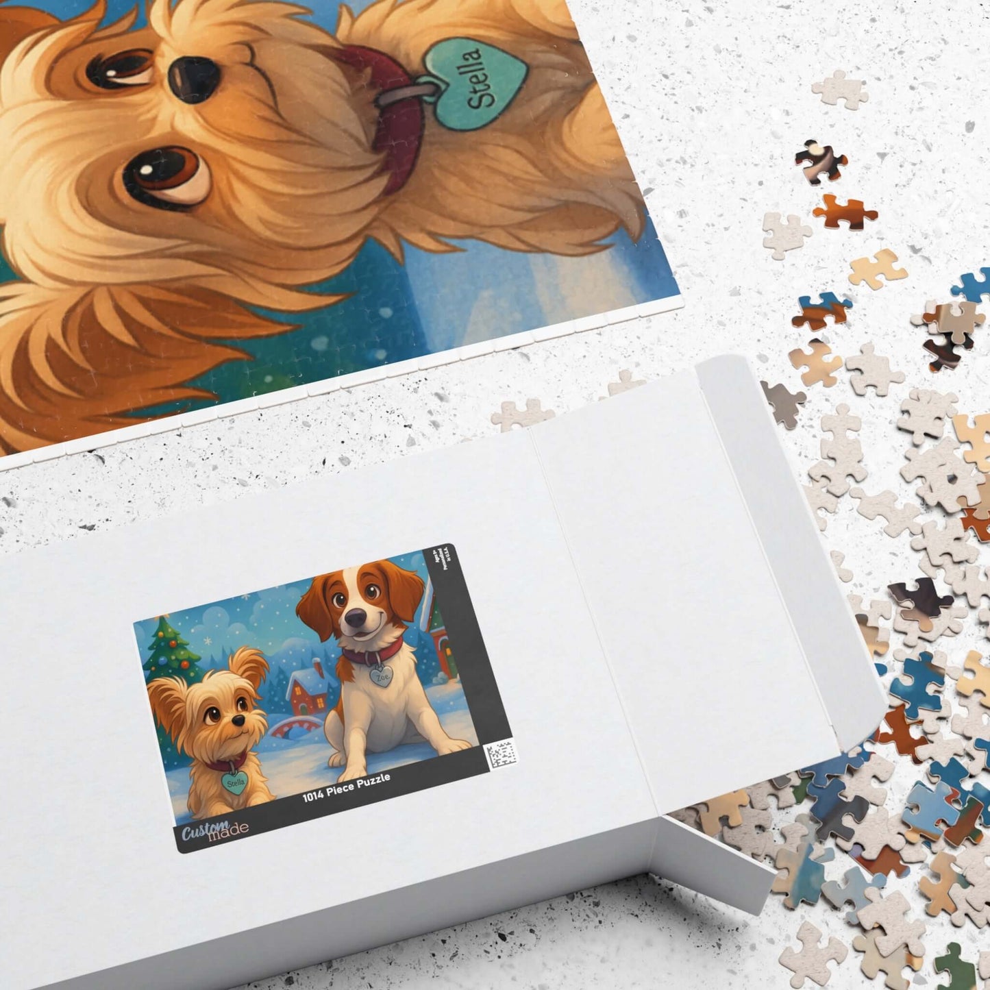 Magical Christmas Puzzle – Custom Cartoon from Your Photo with dog illustrations and puzzle pieces scattered.