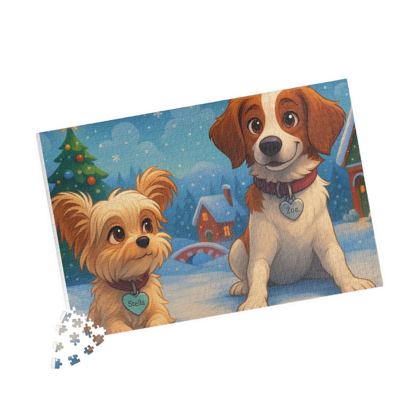 Magical Christmas Puzzle – Custom Cartoon from Your Photo featuring adorable cartoon dogs in a snowy landscape.