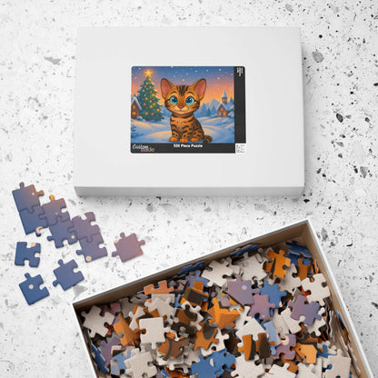 Magical Christmas Puzzle – Custom Cartoon from Your Photo with cat illustration on box and scattered pieces.