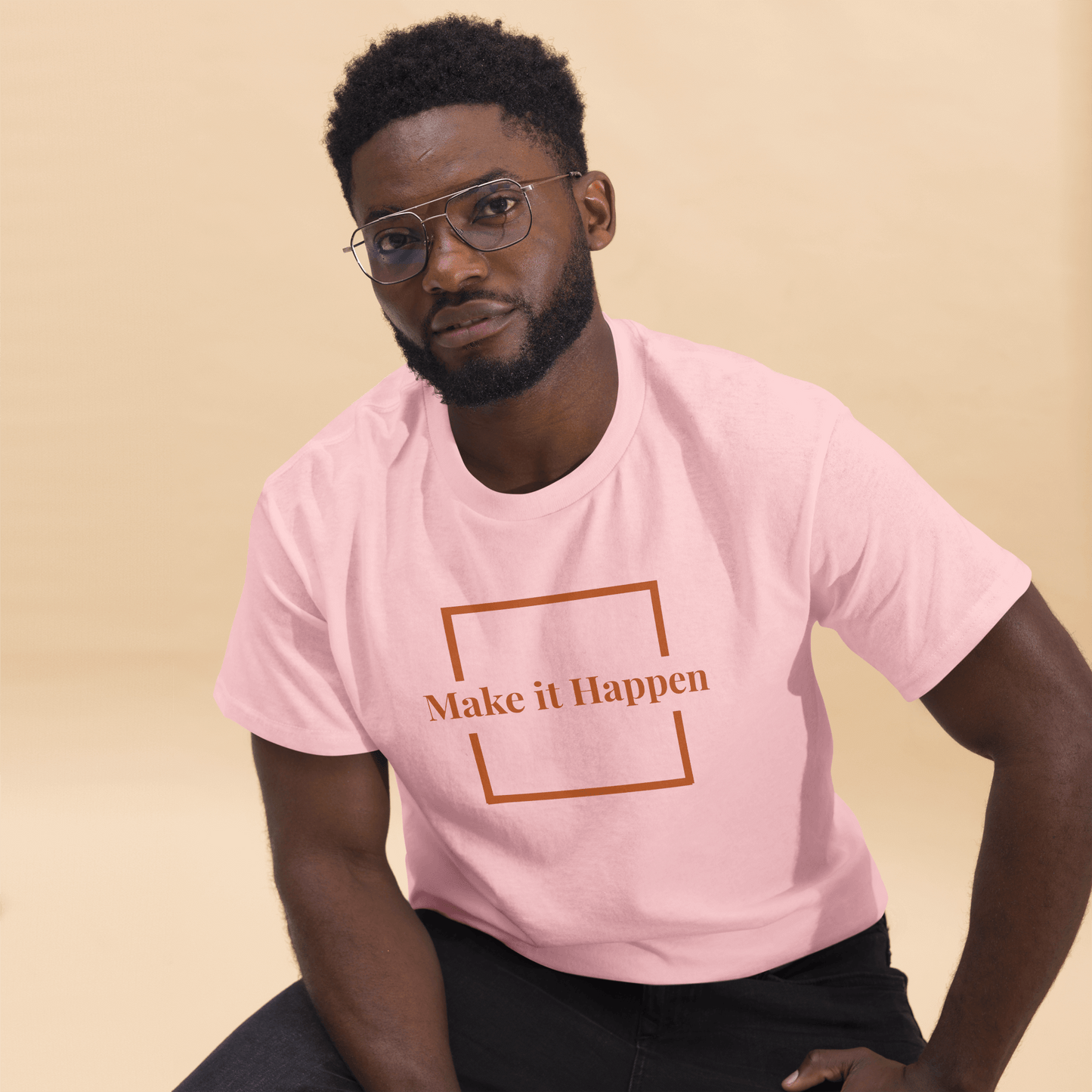 Freestyle Unisex T-Shirt – Upload Photos, Add Text & Emojis Your Way worn by a man in pink with a motivational text design.