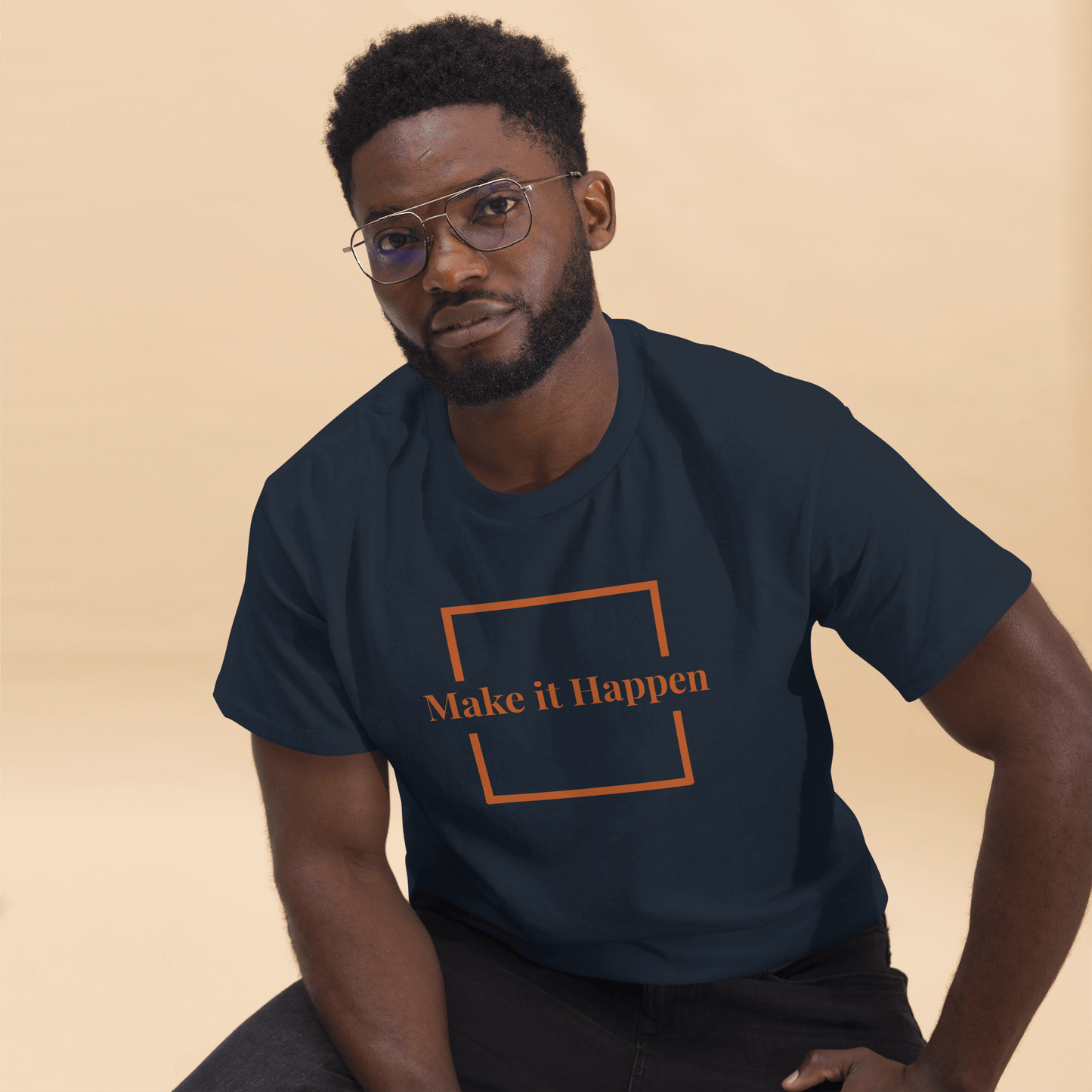 Freestyle Unisex T-Shirt – Upload Photos, Add Text & Emojis Your Way, featuring a man in a navy shirt with custom text.