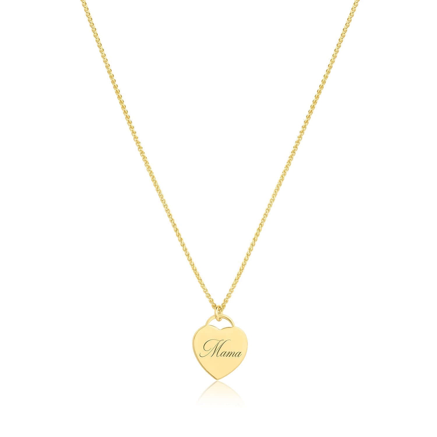 Mama Alice Necklace – 14k Gold-Filled Heart on Wheat Chain featuring a heart charm engraved with 'Mama'.