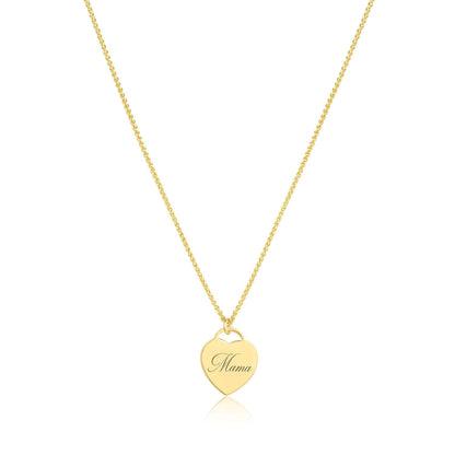 Mama Alice Necklace – 14k Gold-Filled Heart on Wheat Chain featuring a heart charm engraved with 'Mama'.