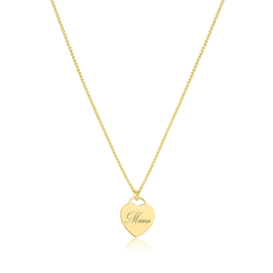 Mama Alice Necklace – 14k Gold-Filled Heart on Wheat Chain featuring a heart charm engraved with 'Mama'.