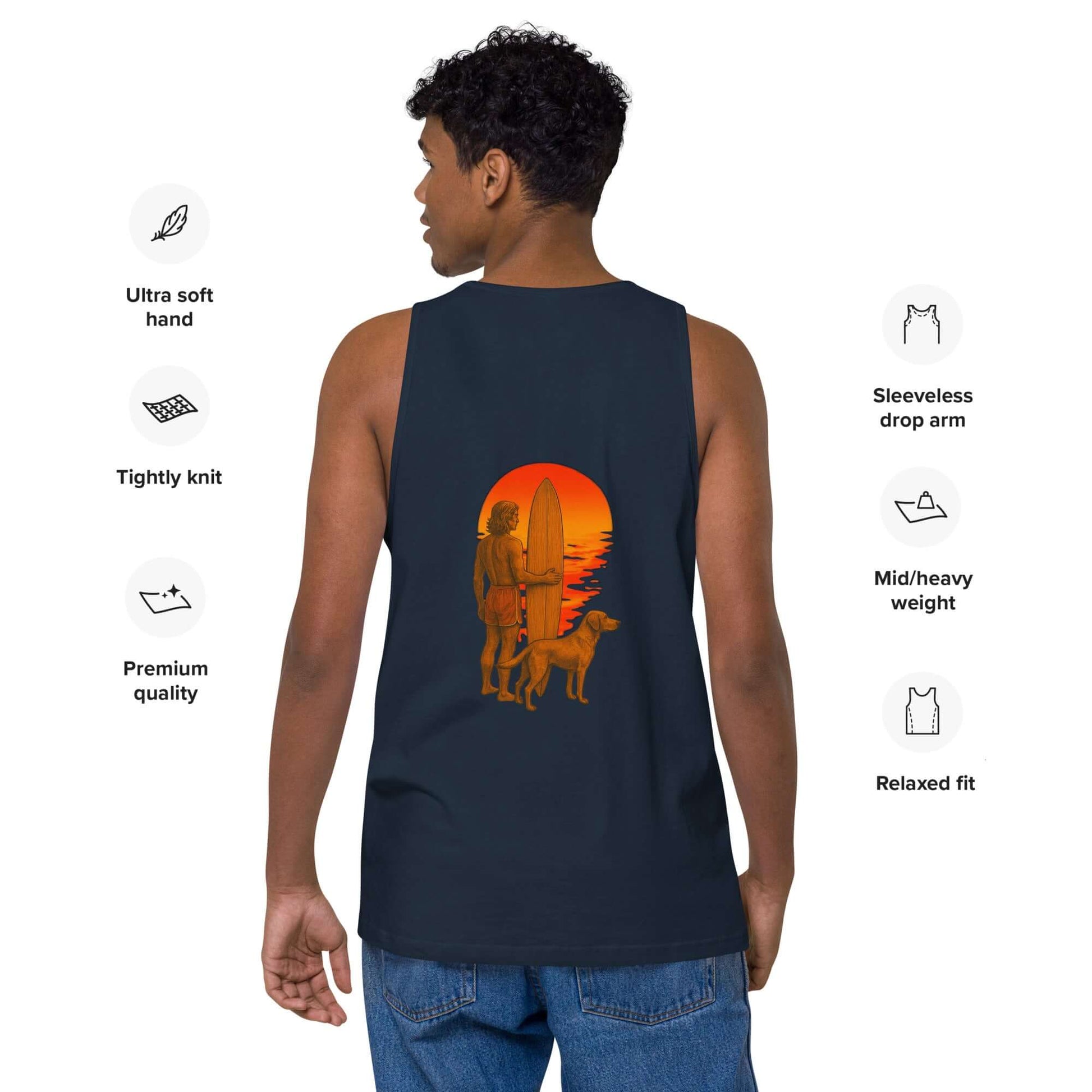 Premium surf tank top featuring surfer and dog silhouette against a sunset backdrop, perfect for coastal vibes.