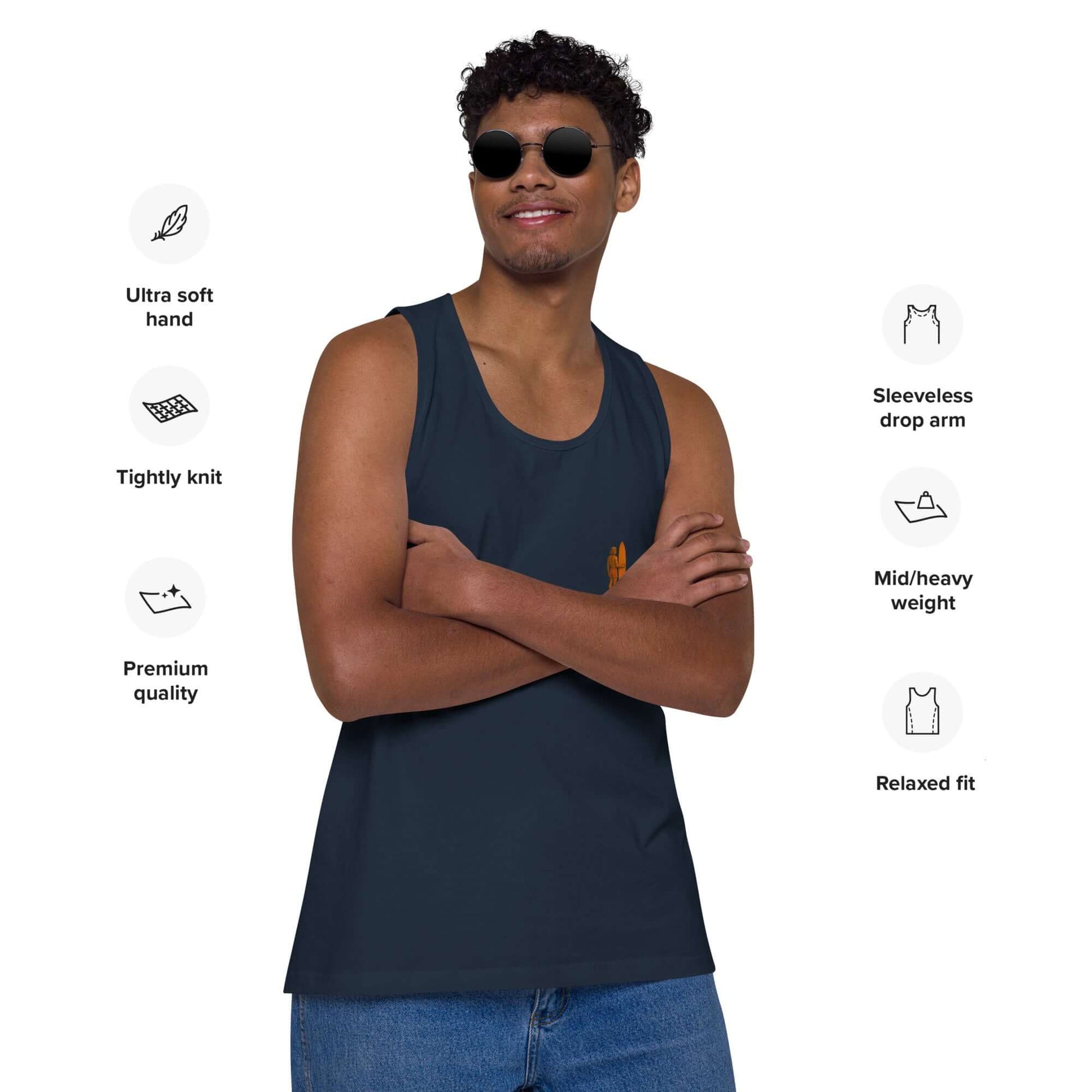 Man wearing Sunset Dreams surf tank top, showcasing its relaxed fit and premium quality design.