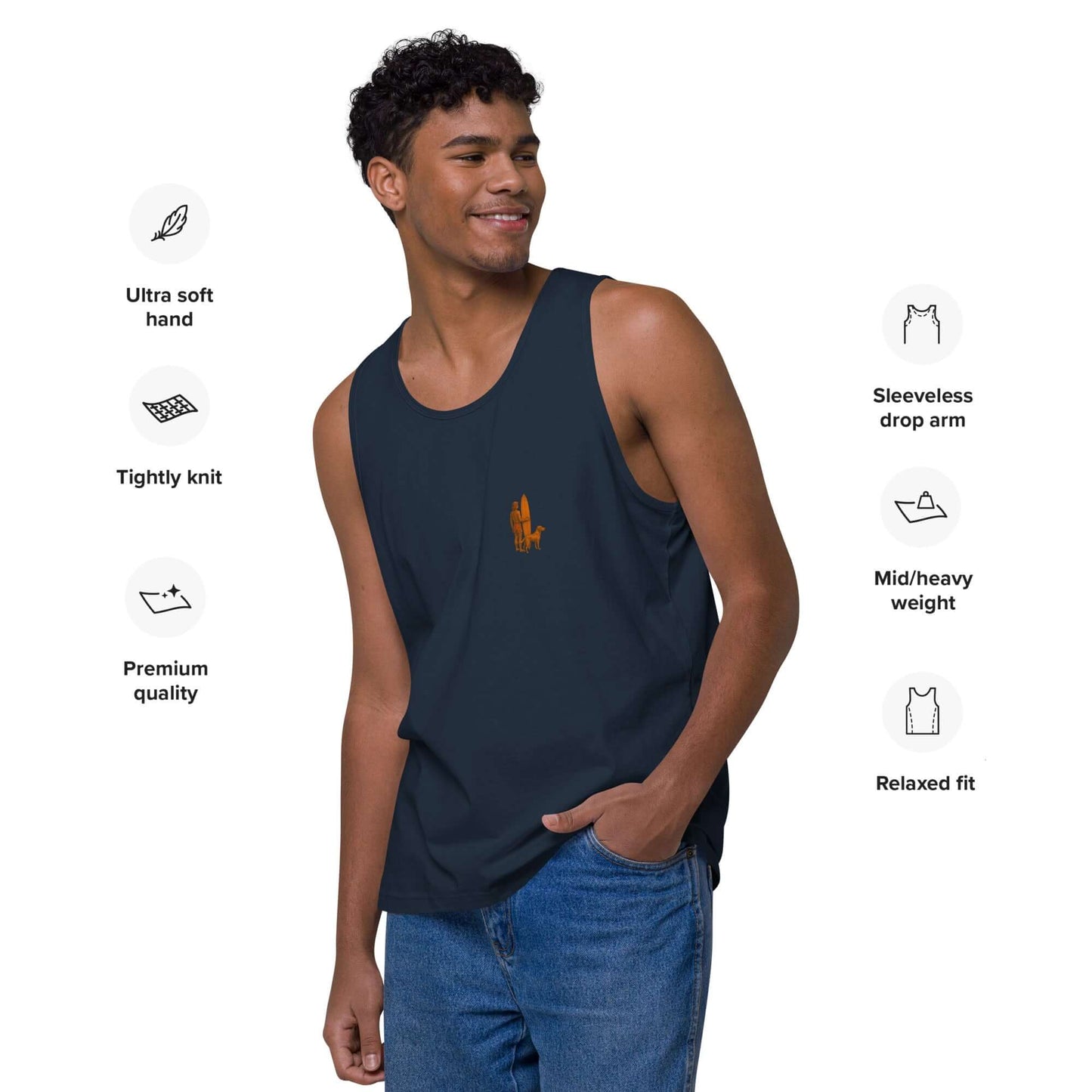 Model wearing Sunset Dreams premium surf tank top with minimalist surfer design, showcasing coastal vibes and relaxed fit.