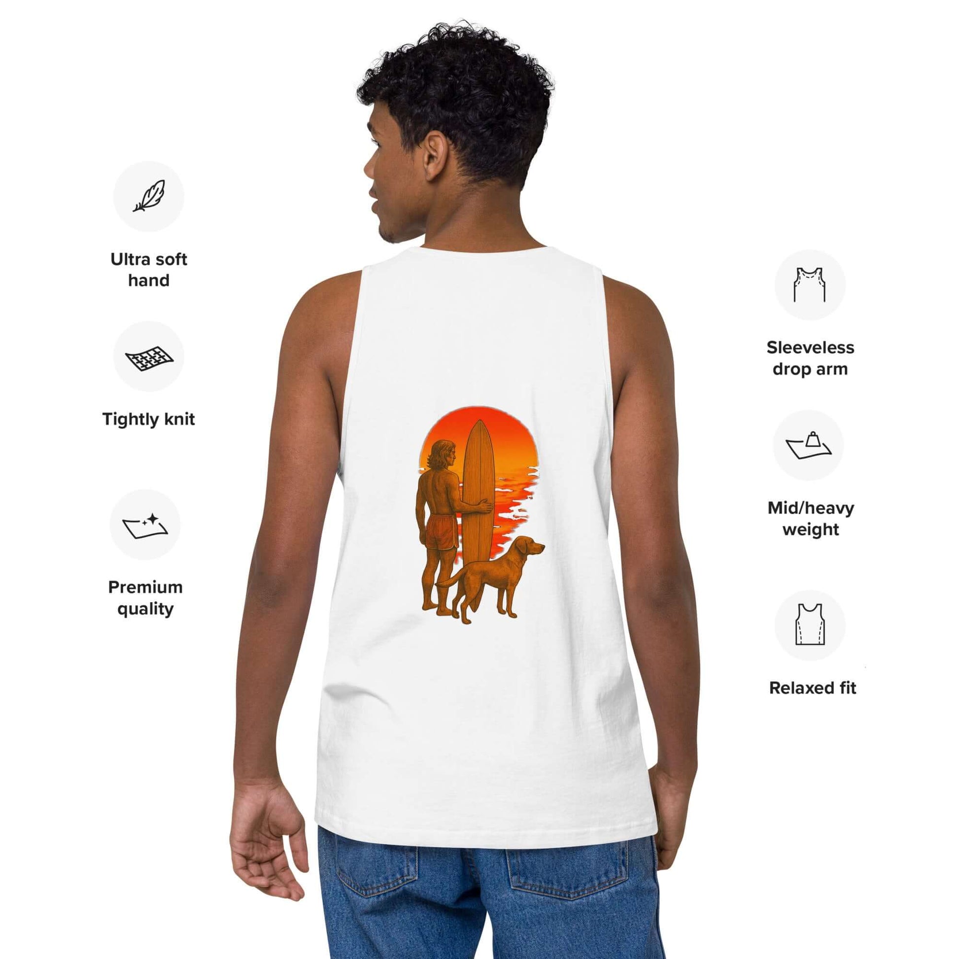 Back view of Sunset Dreams surf tank top featuring a surfer and dog against a sunset backdrop.
