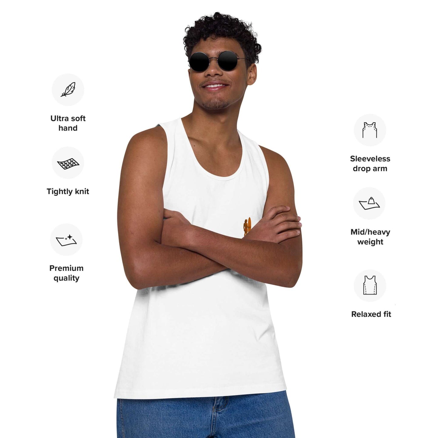 Model wearing the Sunset Dreams premium surf tank top, showcasing its comfort, style, and quality features.