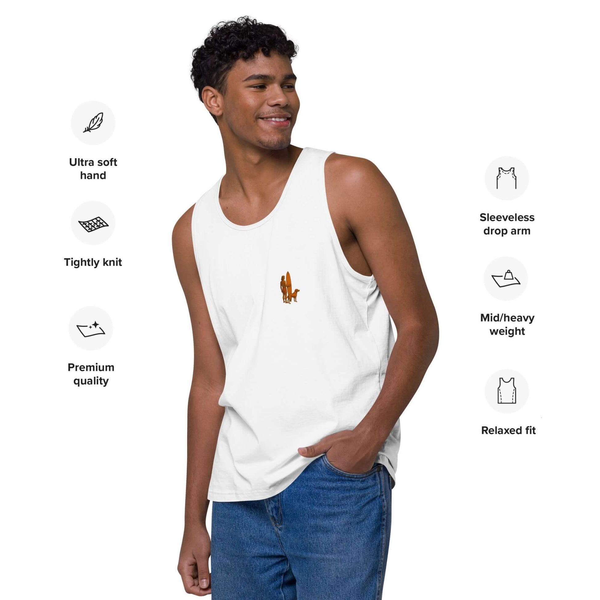 Model wearing Sunset Dreams surf tank top, showcasing ultra soft fabric and relaxed fit.