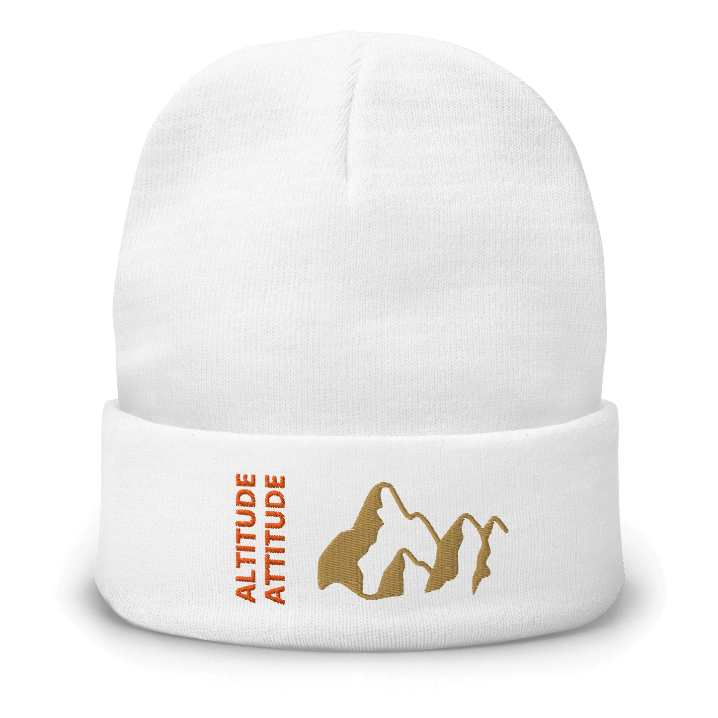 Mountain Beanie – Embroidered Knit Hat with Peak Style featuring mountains and "Altitude Attitude" slogan.