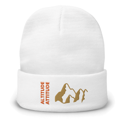 Mountain Beanie – Embroidered Knit Hat with Peak Style featuring mountains and "Altitude Attitude" slogan.