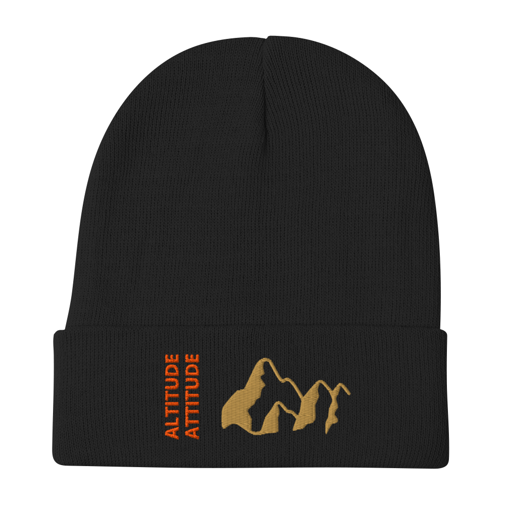 Mountain Beanie – Embroidered Knit Hat with Peak Style in black with gold mountain design and Altitude Attitude text.