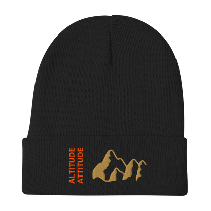 Mountain Beanie – Embroidered Knit Hat with Peak Style in black with gold mountain design and Altitude Attitude text.