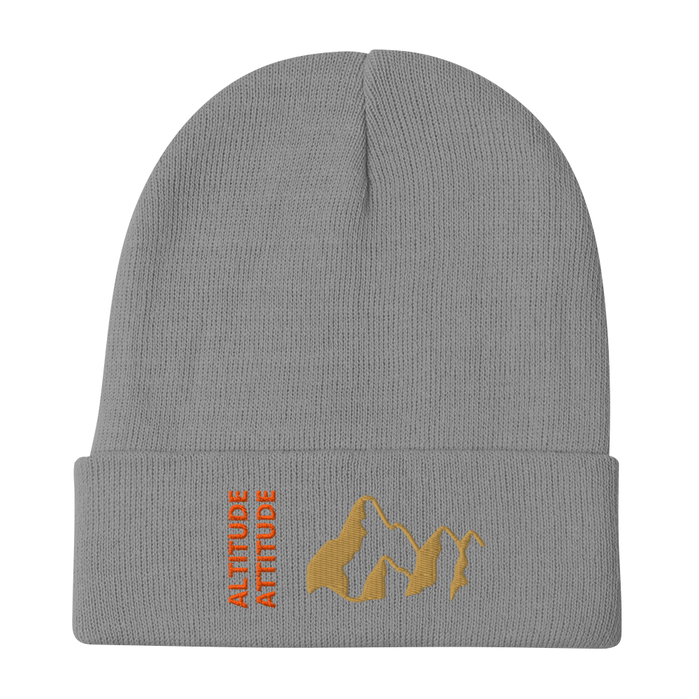 Mountain Beanie – Embroidered Knit Hat with Peak Style in gray with mountain graphics and embroidery.