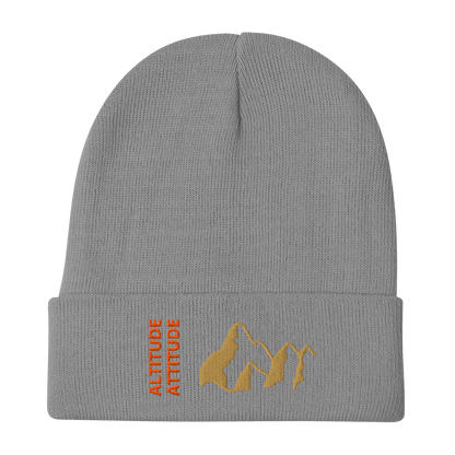 Mountain Beanie – Embroidered Knit Hat with Peak Style in gray with mountain graphics and embroidery.