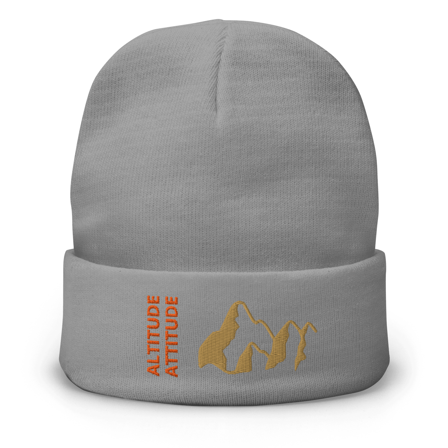 Mountain Beanie – Embroidered Knit Hat with Peak Style in gray featuring a mountain silhouette and stylish text.