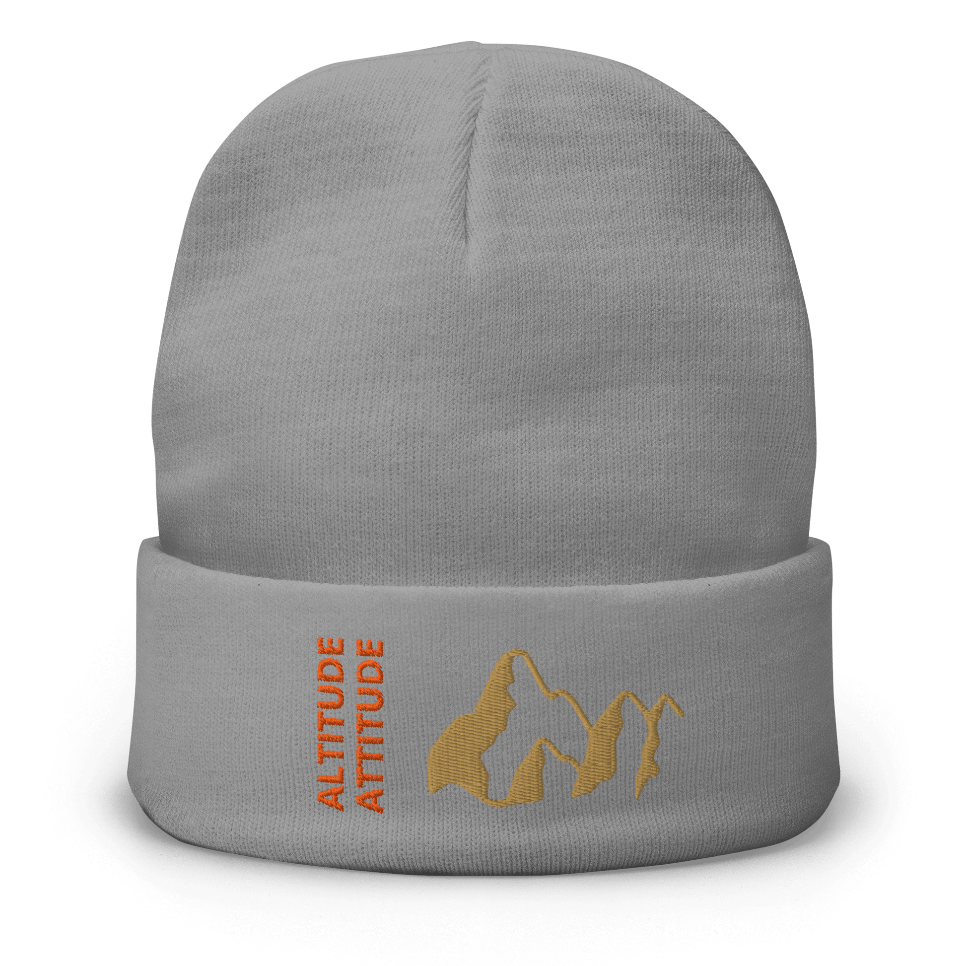 Mountain Beanie – Embroidered Knit Hat with Peak Style in gray featuring a mountain silhouette and stylish text.