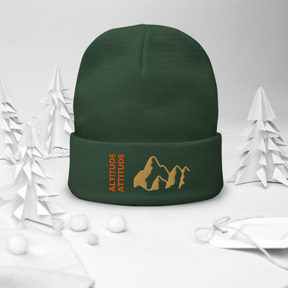 Mountain Beanie – Embroidered Knit Hat with Peak Style in green featuring 'Altitude Attitude' design.