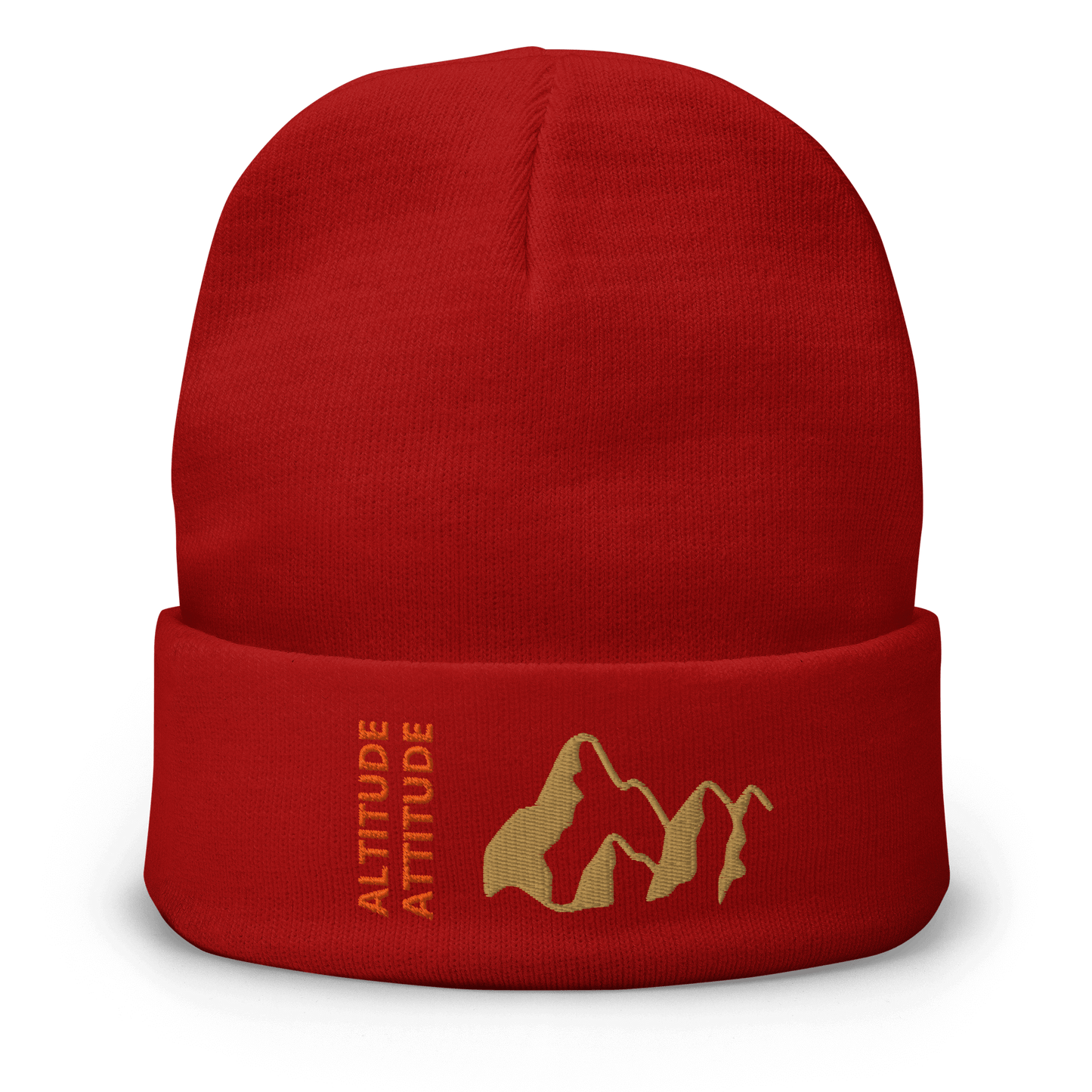 Mountain Beanie – Embroidered Knit Hat with Peak Style in red with a gold mountain design.