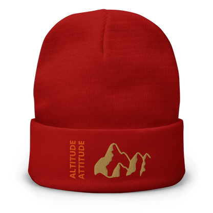 Mountain Beanie – Embroidered Knit Hat with Peak Style in red with a gold mountain design.
