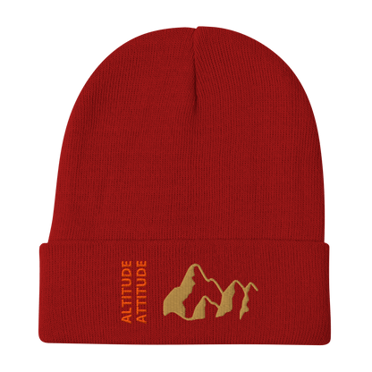 Mountain Beanie – Embroidered Knit Hat with Peak Style, red knit hat with mountain design.