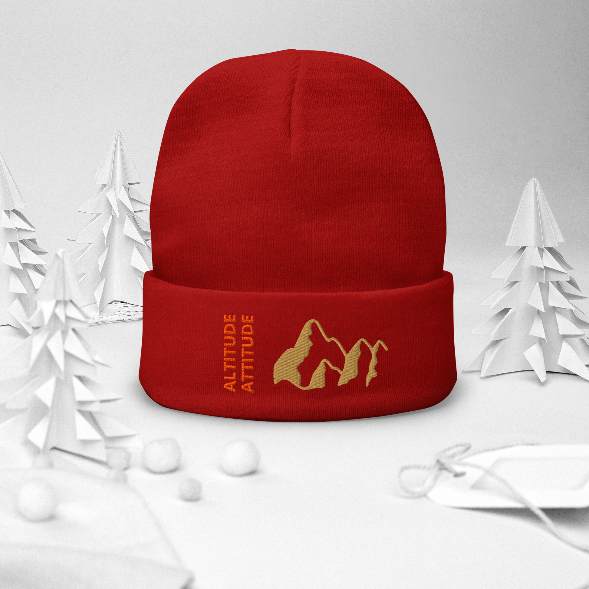 Mountain Beanie – Embroidered Knit Hat with Peak Style in vibrant red with mountain design.