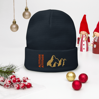 Mountain Beanie – Embroidered Knit Hat with Peak Style displayed with festive ornaments and Christmas decor.