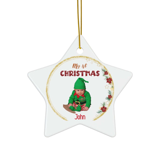 My 1st Christmas Ornament – Custom Photo in 4 Shapes featuring a baby in a festive outfit.