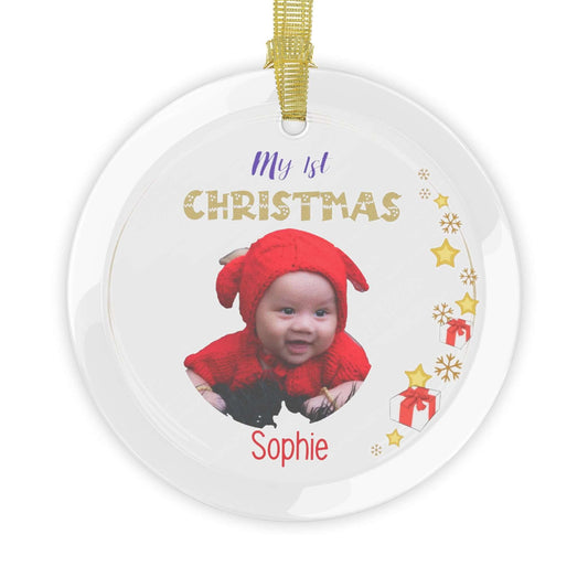 My 1st Christmas Ornament – Glass Keepsake (Single or Bundle of 5) featuring a baby in a red outfit.