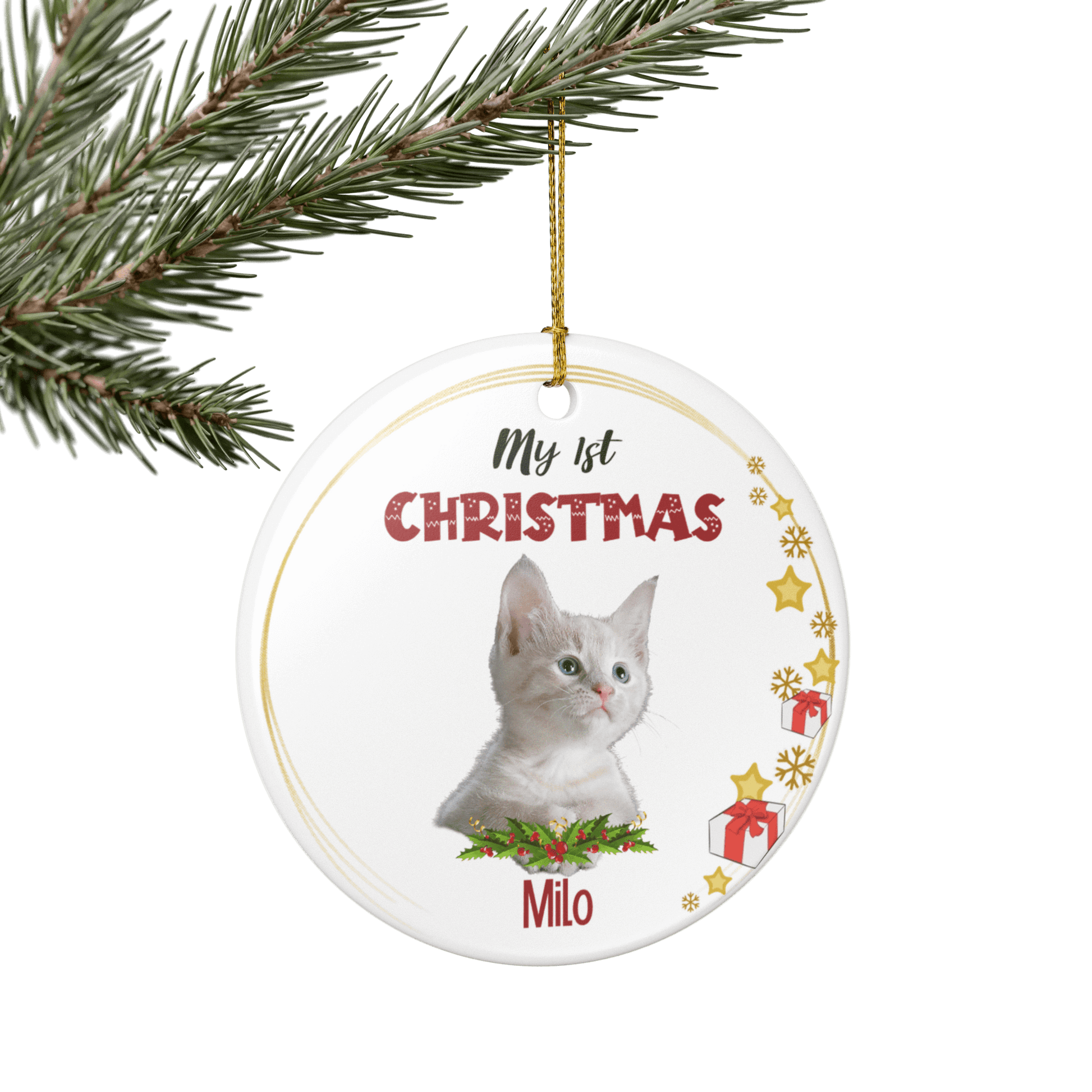 My 1st Christmas Ornament – Personalized Photo Keepsake featuring a cute kitten named Milo.