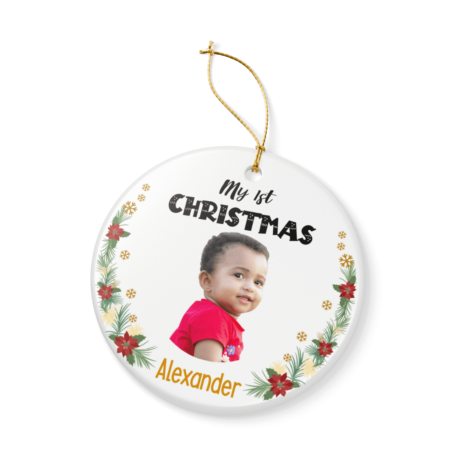 My 1st Christmas Ornament – Personalized Photo Keepsake featuring a smiling baby and floral design.